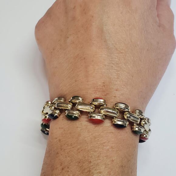 Vintage Navy Blue Red & Green Enamel Gold Tone Link Bracelet 8" - Picture 2 of 8